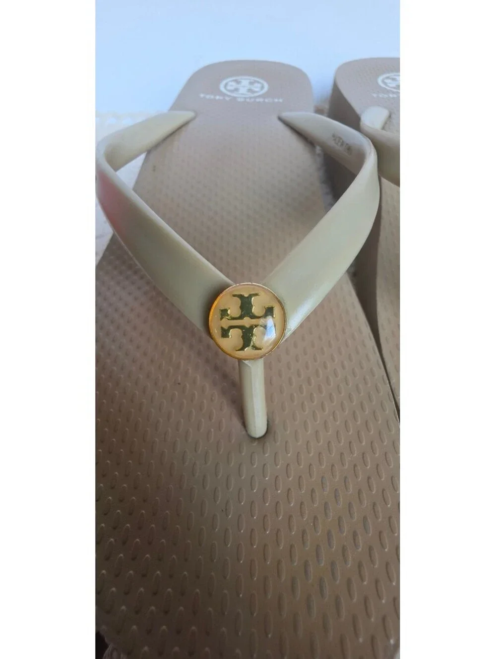 Tory Burch Beige Gold Logo Platform Wedge Flip Flop Sandals Size Unknown